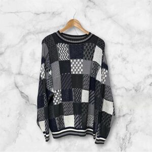 Vintage Tony lambert Men's Black and Gray knit Patchwork Sweater checkered XL